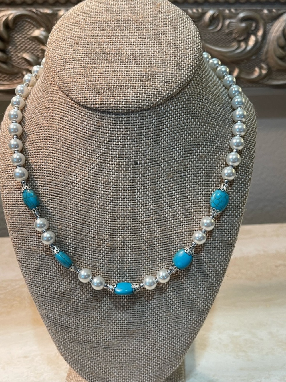 Boho Alternating Pearl & Turquoise Beaded Collar Necklace